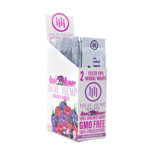 A white display box filled with individual packages of High Hemp organic blunt wraps, featuring purple and pink berry graphics and text, shown against a white background.