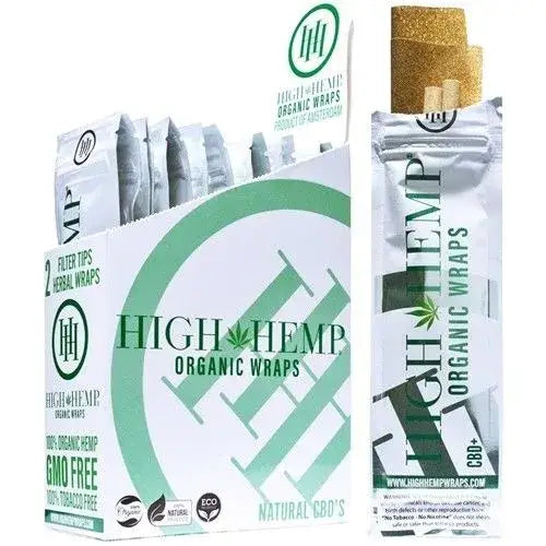 A white display box filled with individually packaged organic hemp wraps, with one individual package standing upright next to the box, showcasing the product packaging.