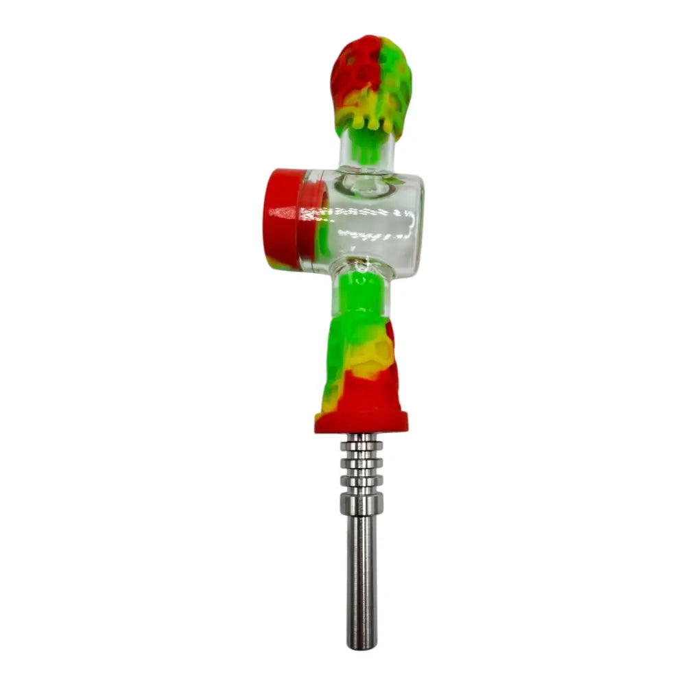 A colorful silicone and glass nectar collector with a metal tip, featuring swirled red, green, and yellow silicone accents on a clear glass body, shown against a white background.