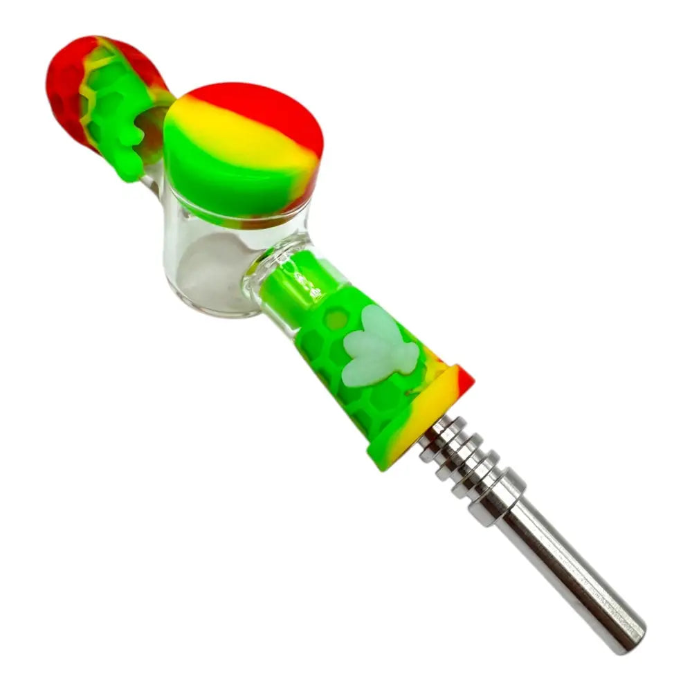 A colorful silicone and glass nectar collector with a metal tip, featuring red, yellow, and green sections, a honeycomb pattern, and a light-colored bee emblem.