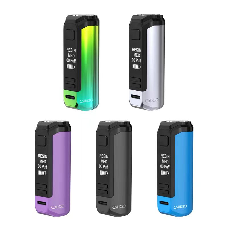 Five rectangular vape batteries displayed against a white background, featuring black tops and bottoms with colorful bodies in green-blue gradient, silver, purple, dark gray, and light blue.