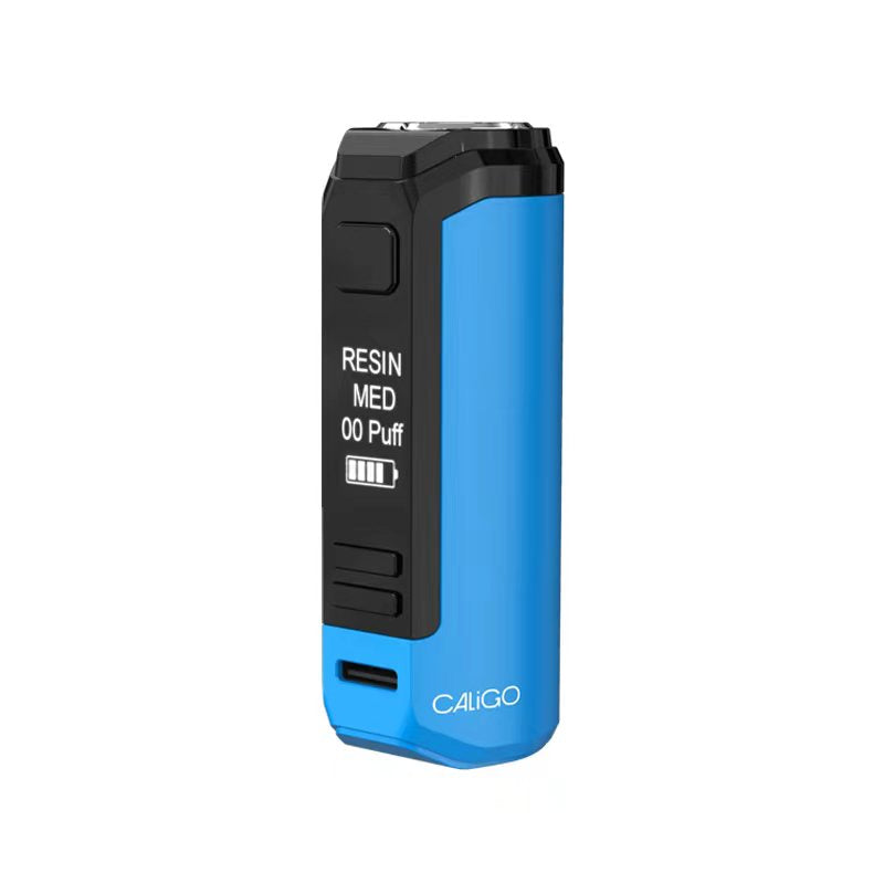 Close-up of a blue and black rectangular vape battery, showing the screen with 'RESIN MED 00 Puff' and a battery icon, and the 'CALIGO' logo at the bottom.