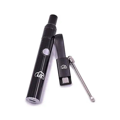 Close-up detail shot of a black pen-style portable wax vaporizer, its USB charging adapter, and a metal dab tool, all arranged on a white background.