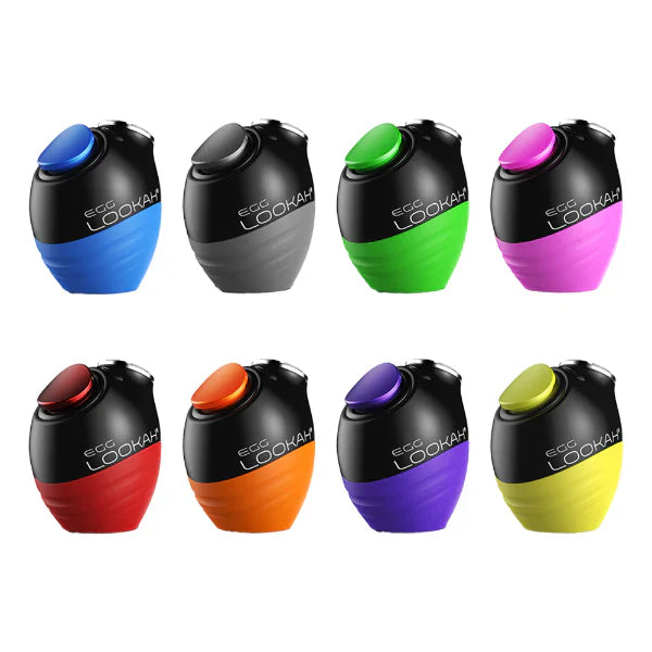 Eight egg-shaped vaporizer batteries in a grid, each with a black top and a colorful ribbed bottom, featuring a contrasting colored button.