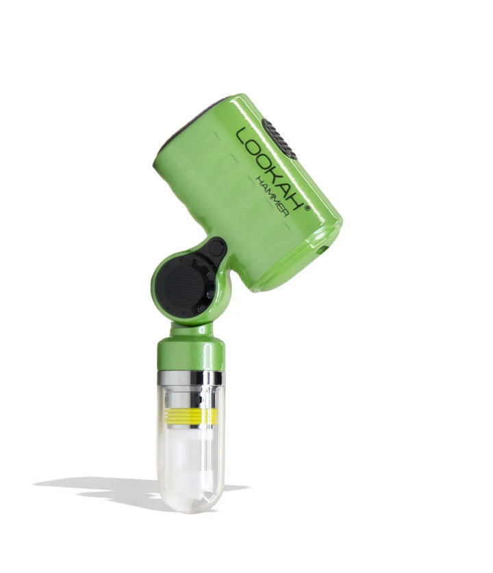 A bright green Lookah Hammer portable e-nail banger with a clear and yellow heating element, angled upwards on a white background.