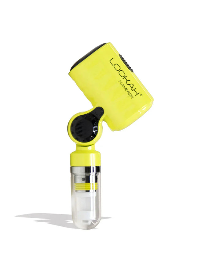 Bright yellow Lookah Hammer portable e-nail with a clear water filtration chamber, angled to the right, showcasing the brand name on its body against a white background.