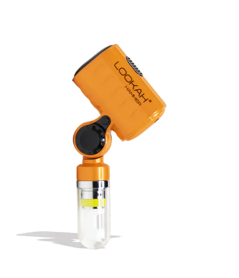 A bright neon yellow electronic nectar collector with a clear glass tube, standing on four short legs, resembling a stylized giraffe.