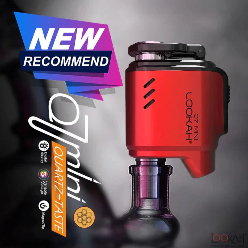 Promotional image for a red Lookah Q7 Mini e-nail dabber, shown attached to a glass water pipe base, with 'NEW RECOMMEND' and feature icons overlaid on a dark gradient background.