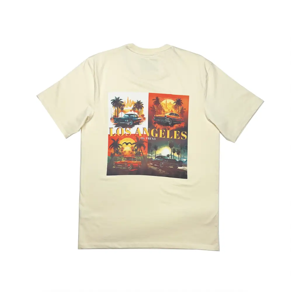 Back view of a cream-colored t-shirt featuring a large graphic print with four panels. Each panel depicts classic cars, palm trees, and sunsets, with 'LOS ANGELES' text prominently displayed.