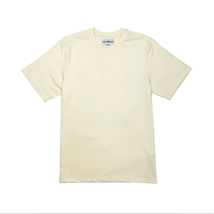 A cream-colored, short-sleeved t-shirt with a simple design, laid flat against a white background, showing the front of the garment.