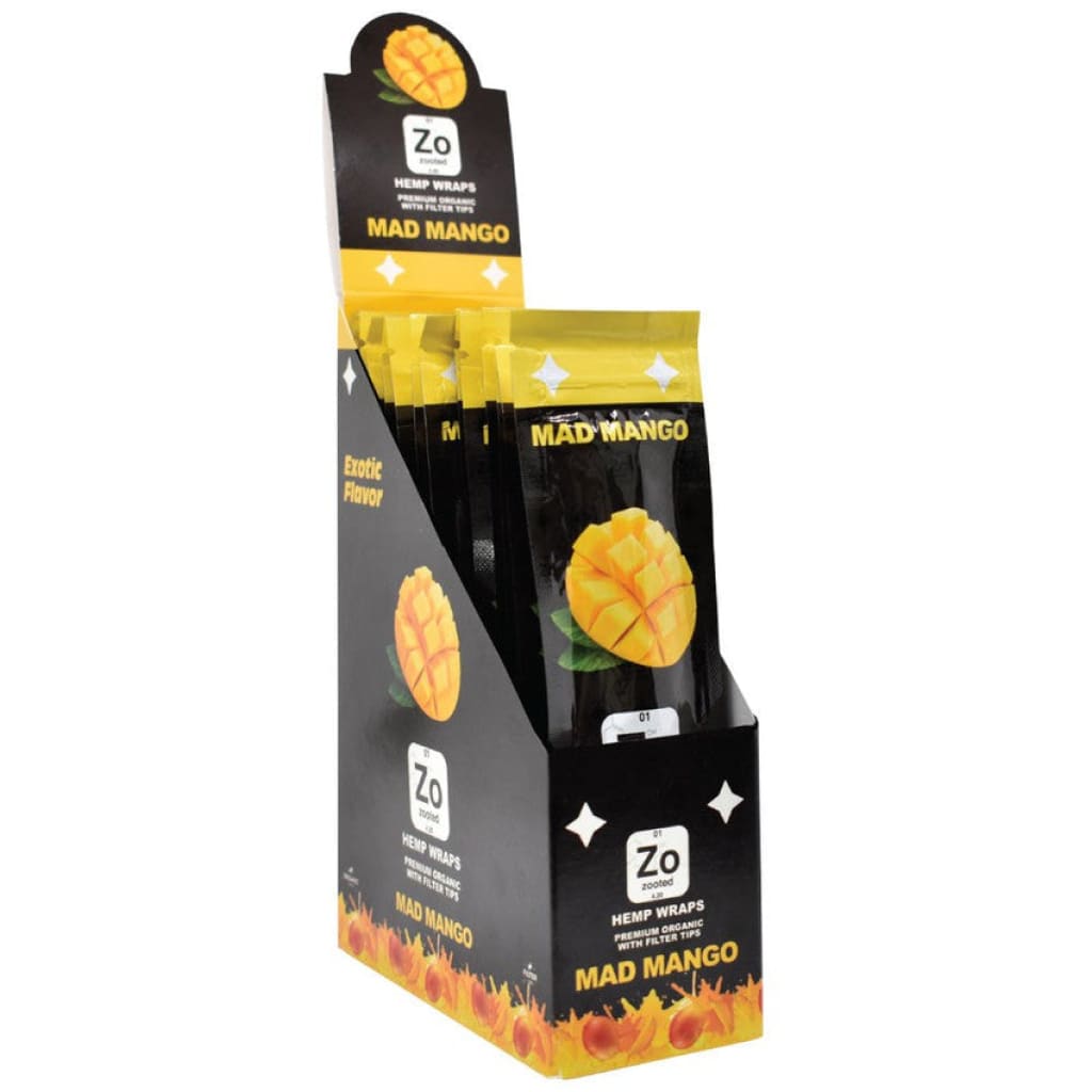 A black display box filled with individual black and yellow pouches of 'Mad Mango' hemp wraps, featuring mango illustrations.