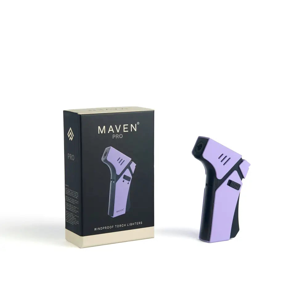A purple and black torch lighter stands next to its black and beige retail box, both featuring the 'MAVEN PRO' logo.