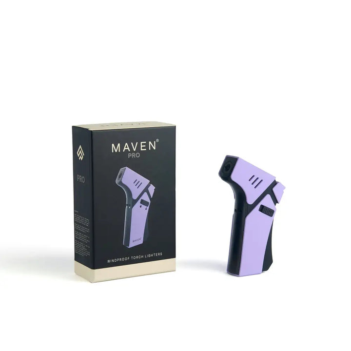 A purple and black torch lighter stands next to its black and beige retail box, both featuring the 'MAVEN PRO' logo.