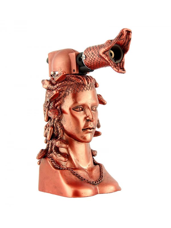 A golden-amber glass beaker water pipe featuring a repeating luxury-style monogram pattern on its neck.