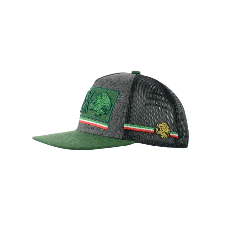 Side view of a grey and black mesh snapback hat with a green brim, featuring a green embroidered 'MEXICO' text and eagle emblem on the front, and a gold eagle emblem on the side, both accented with red, white, and green stripes.