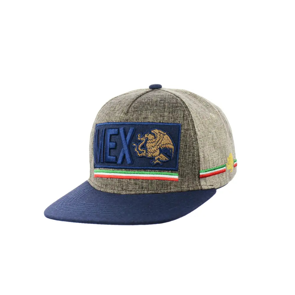A grey heathered snapback hat with a dark blue brim, featuring an embroidered patch with 'MEX' text and a golden eagle emblem, accented with green, white, and red stripes.
