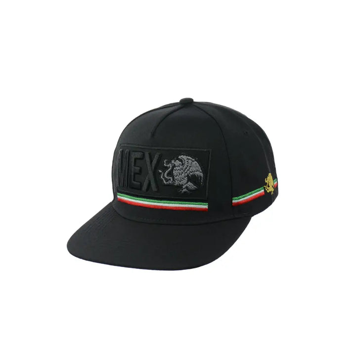 A black snapback hat featuring an embroidered patch with 'MEX' and the Mexican eagle emblem, along with a red, white, and green stripe on the brim, presented against a white background.