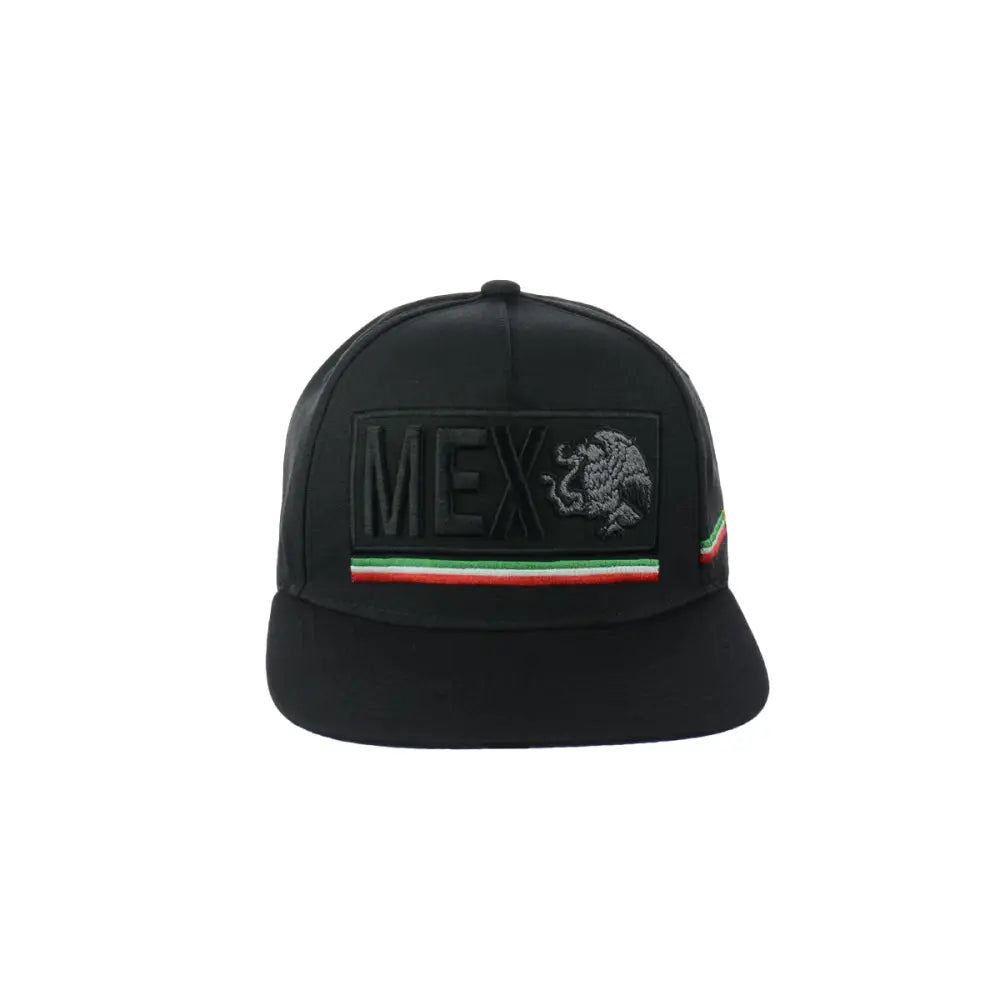 Front view of a black snapback hat featuring a rectangular patch with 'MEX' text and a grey eagle emblem, above a green, white, and red stripe.