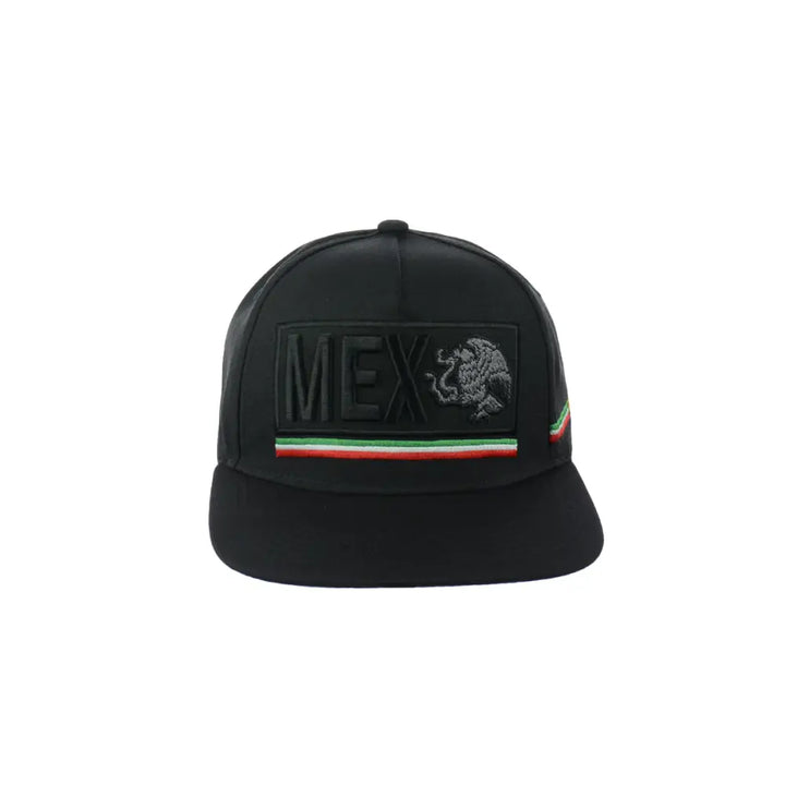 Front view of a black snapback hat featuring a rectangular patch with 'MEX' text and a grey eagle emblem, above a green, white, and red stripe.