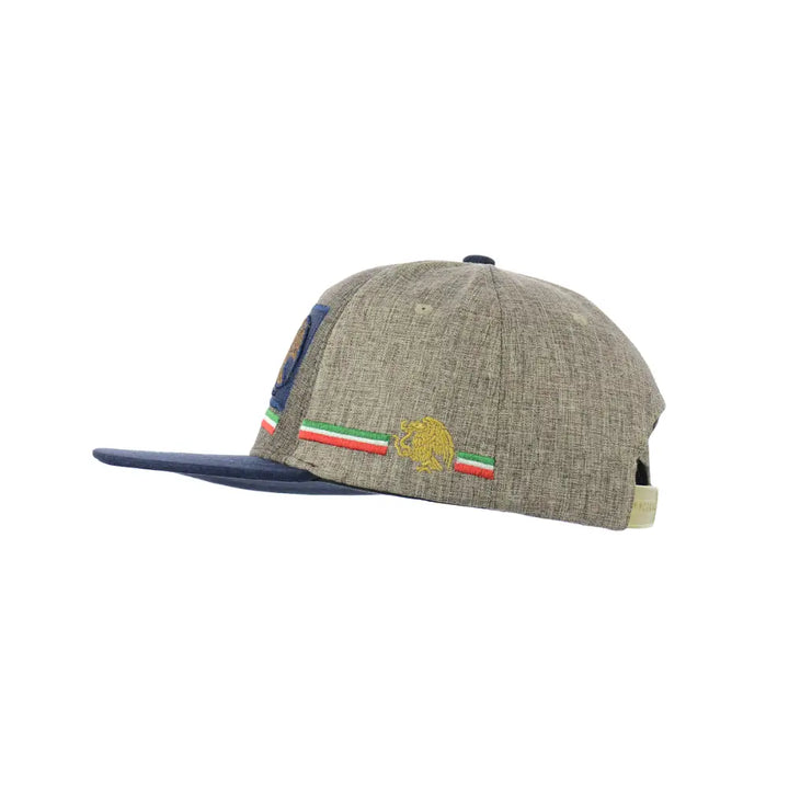 Side view of a heather gray snapback hat with a dark blue flat brim. The hat features an embroidered green, white, and red stripe with a gold eagle emblem on the side.
