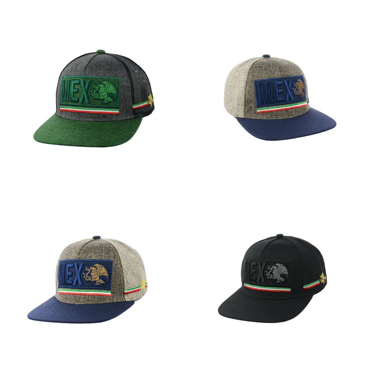 Four embroidered snapback hats, each featuring 'MEX' text and a Mexican eagle emblem on the front, with varying color combinations for the crown and brim.