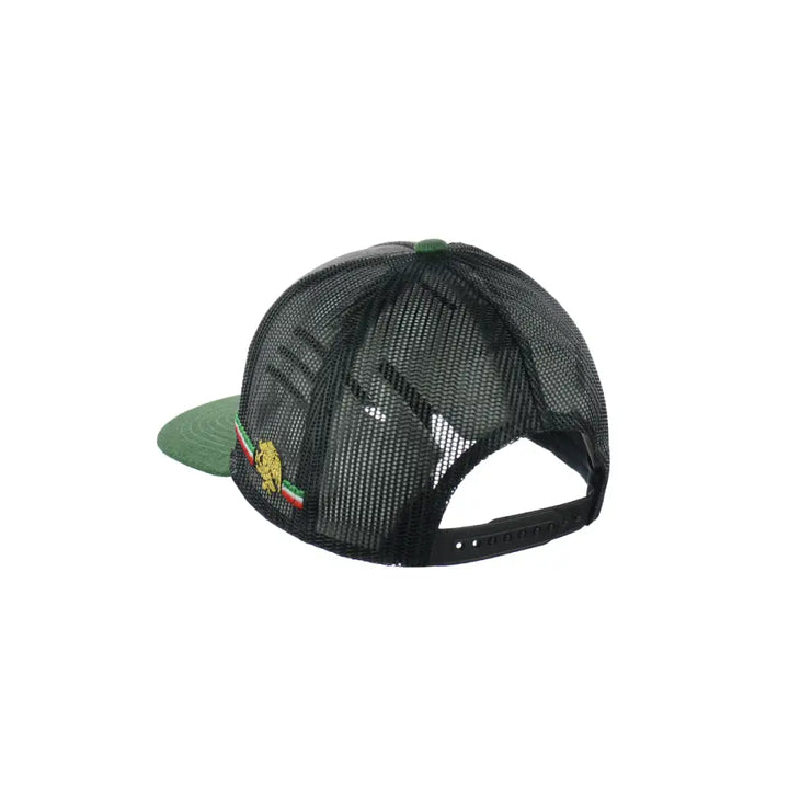 Rear-side view of a black mesh snapback hat with a green brim and top button, featuring a golden embroidered emblem and a red, white, and green striped ribbon on the side.