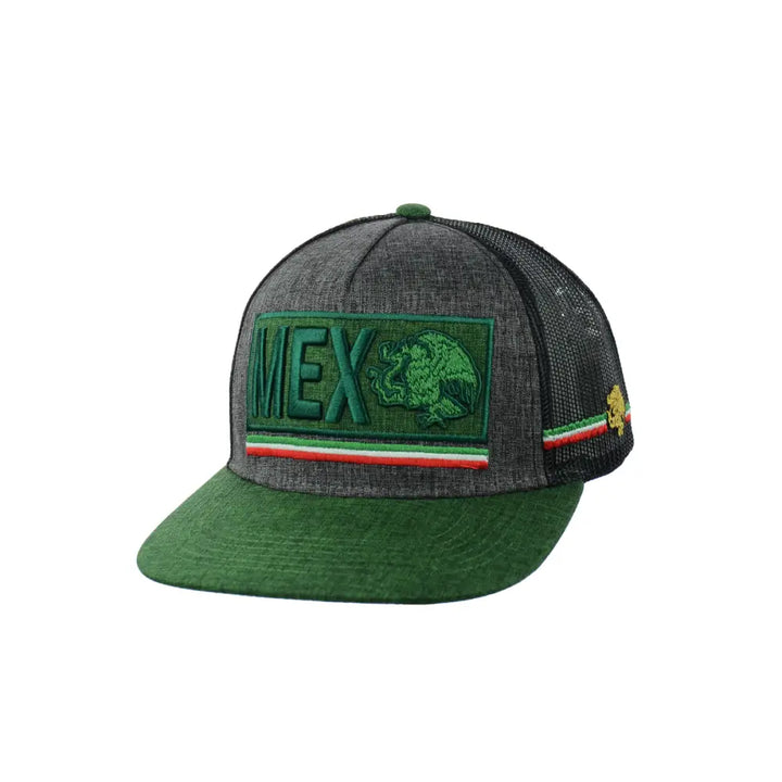 Front-facing product shot of a dark grey and green snapback hat with 'MEX' and a Mexican eagle emblem embroidered on the front, featuring green, white, and red stripes.