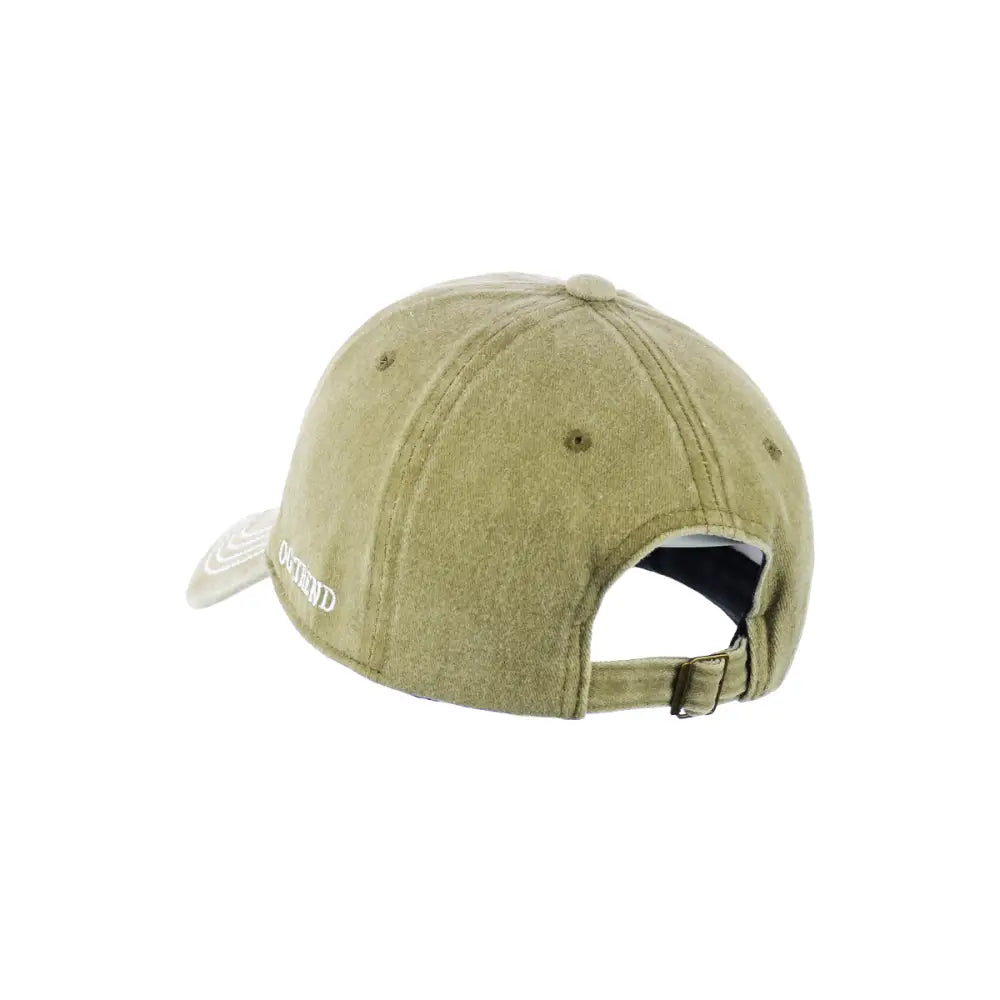 Back and side view of a distressed olive green baseball cap with a white embroidered logo on the side of the brim and an adjustable buckle strap at the back.