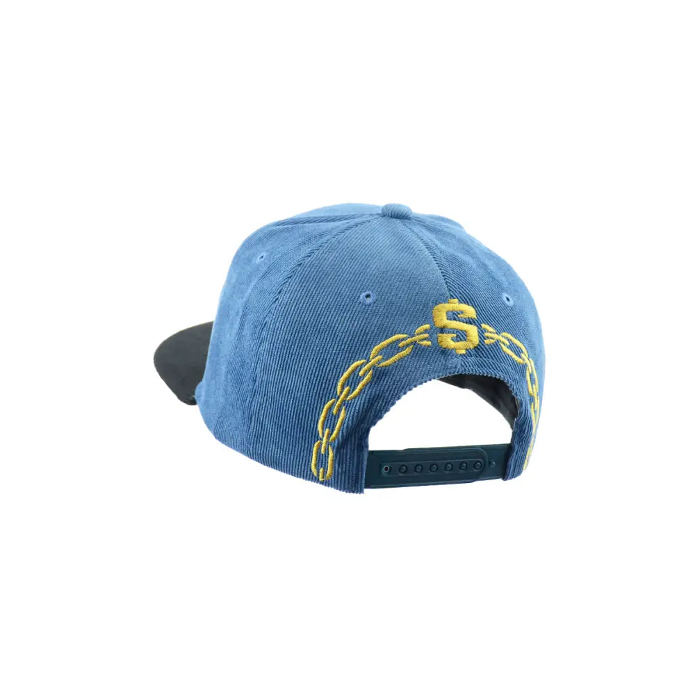 Back view of a blue corduroy snapback hat featuring gold embroidered chain links and a dollar sign symbol on the rear.