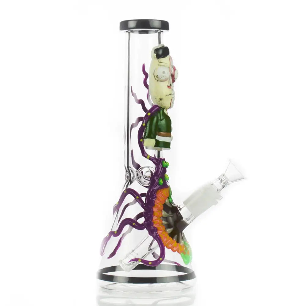 Clear glass beaker bong featuring a 3D cartoon character resembling Morty from Rick and Morty, surrounded by purple and orange tentacles, set against a white background.
