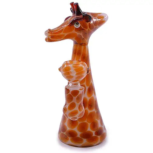 A clear and orange spotted glass water pipe shaped like a giraffe, featuring a bowl and downstem.