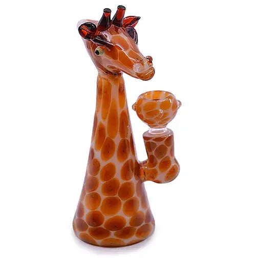A glass water pipe shaped like a giraffe, featuring amber and clear spotted patterns, with a bowl attached to its side.