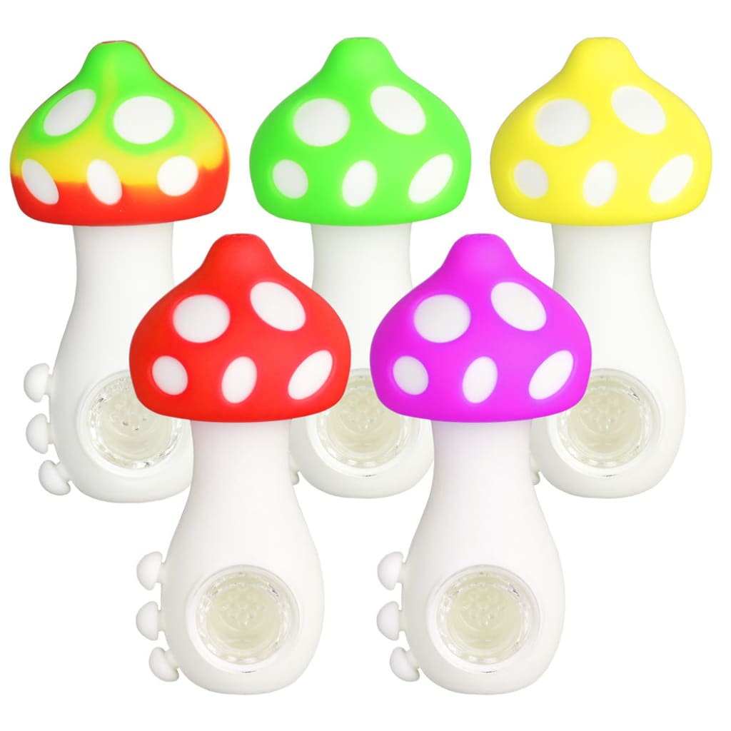 Mushroom Silicone Hand Pipe W/ Glass Bowl - 4.25’/colors Vary