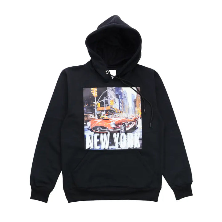 Full front view of a black hoodie featuring a silk screen print of a vintage orange car on a New York City street, with 'NEW YORK' text below.