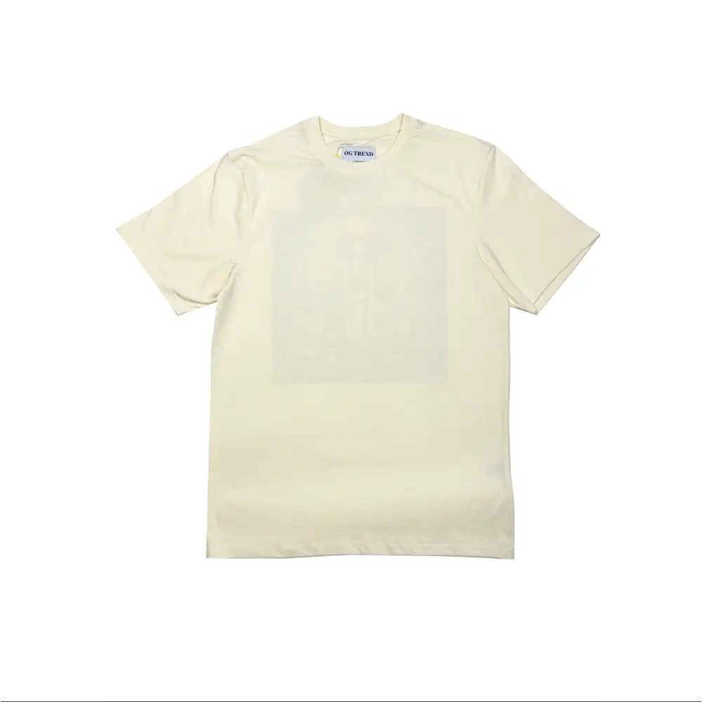 Front view of an off-white short-sleeve t-shirt with a small blue brand label on the collar and a subtle, light-colored rectangular graphic print on the chest.
