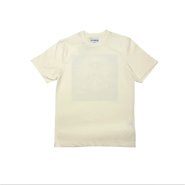 Front view of an off-white short-sleeve t-shirt with a small blue brand label on the collar and a subtle, light-colored rectangular graphic print on the chest.