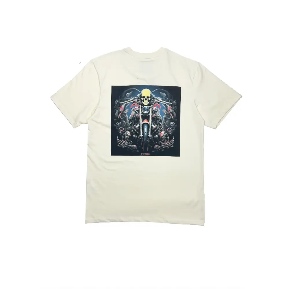 Back view of an off-white short-sleeve t-shirt featuring a large square graphic print of a yellow skull on top of a motorcycle with intricate dark blue and red designs.