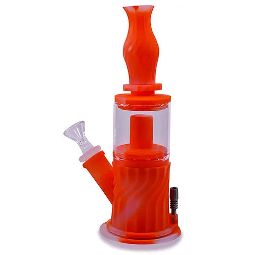 Full product shot of an orange and clear silicone water pipe with a wavy textured base and a clear glass bowl attachment, standing upright on a white background.