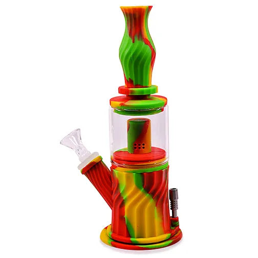 A vibrant, multi-colored silicone and glass water pipe featuring a swirled pattern of red, green, and yellow, with a clear central chamber and a glass bowl attachment.