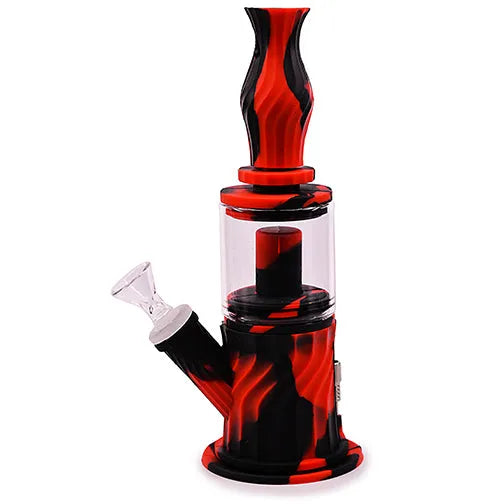 Product shot of a red and black swirled silicone water pipe with a clear glass chamber, featuring a removable glass bowl on the side.