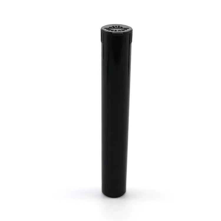 A single black plastic pre-roll holder tube stands upright against a plain white background, showcasing its cylindrical shape and textured child-resistant cap.
