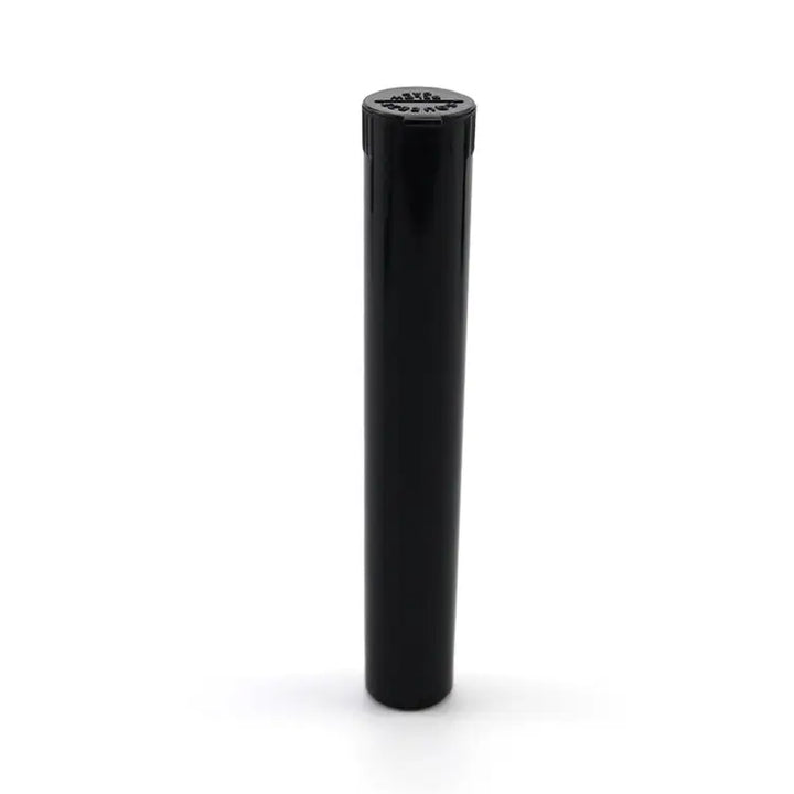 A single black plastic pre-roll holder tube stands upright against a plain white background, showcasing its cylindrical shape and textured child-resistant cap.