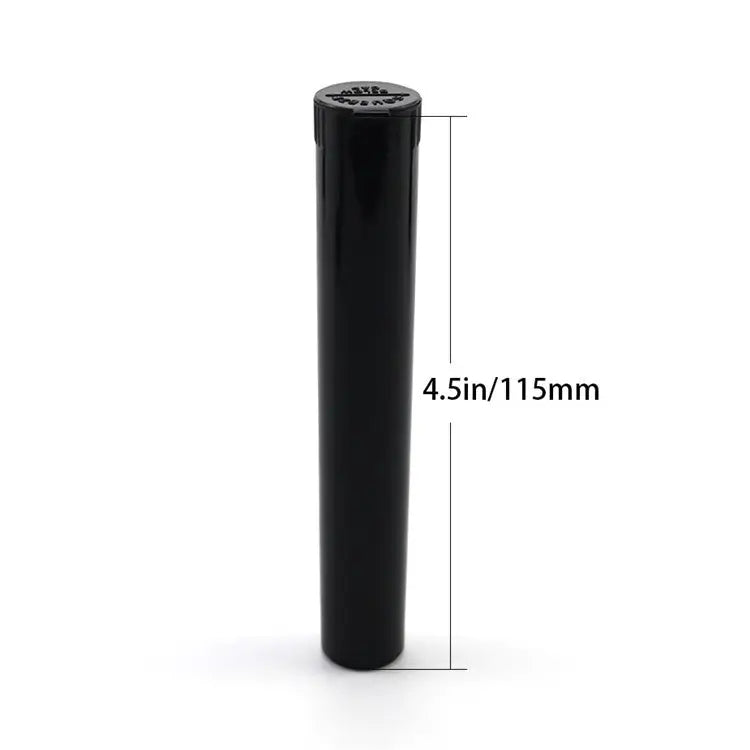 A black plastic pre-roll holder tube standing upright, with a measurement indicating its height as 4.5 inches or 115 millimeters.