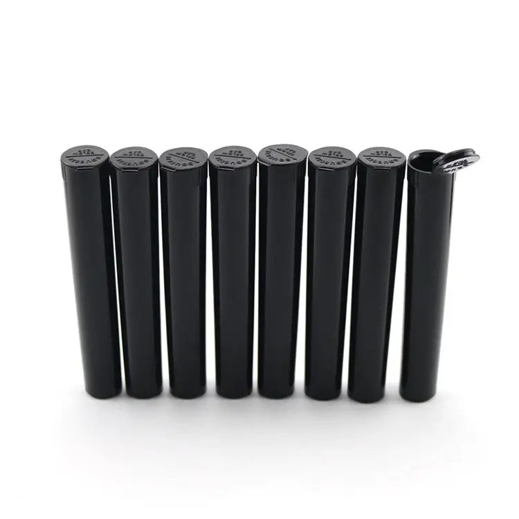 A row of eight black plastic pre-roll holder tubes standing upright on a white background, with one tube on the far right having its hinged lid open.