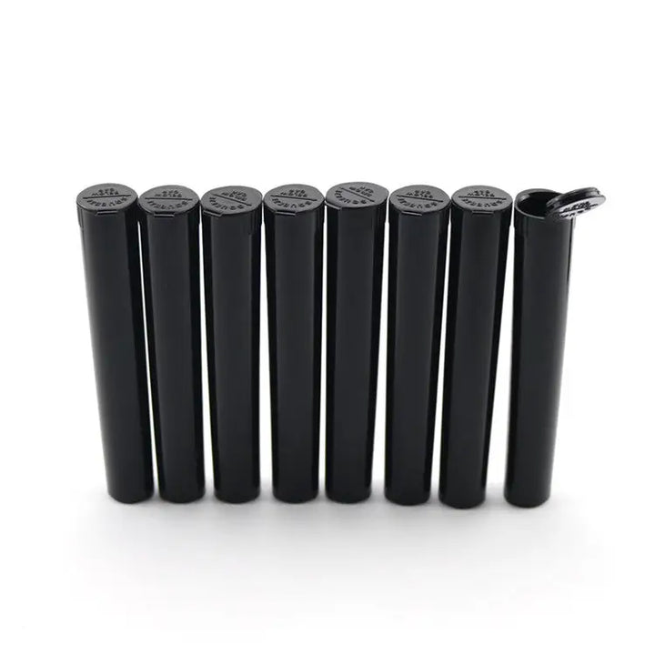 A row of eight black plastic pre-roll holder tubes standing upright on a white background, with one tube on the far right having its hinged lid open.