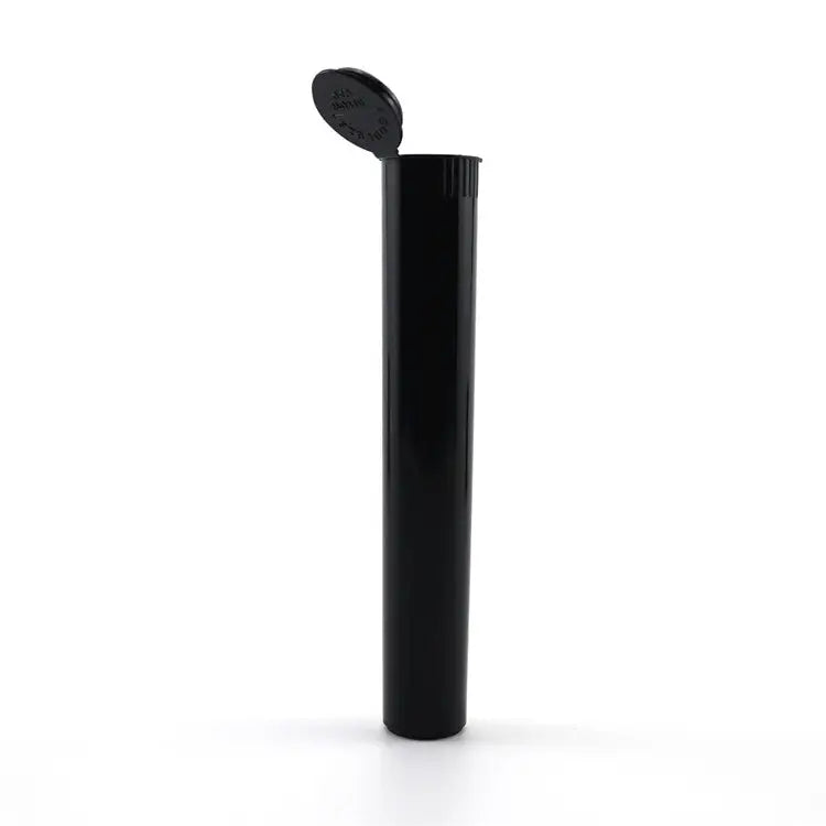 A single black cylindrical plastic pre-roll holder tube standing upright with its hinged cap open, revealing the ribbed interior rim.