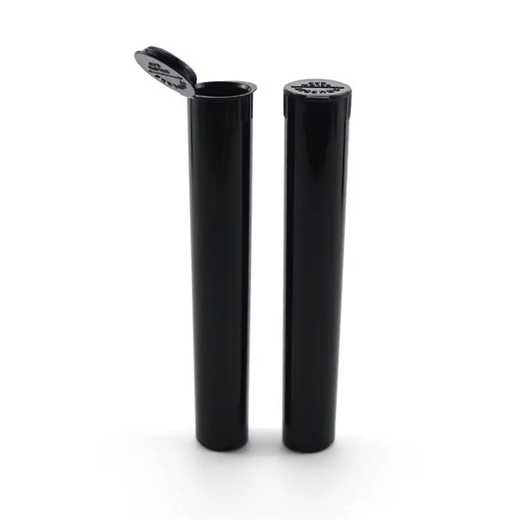 Two tall, black, cylindrical plastic tubes are shown standing upright on a white surface. One tube has its hinged cap open, revealing the interior, while the other tube is closed.