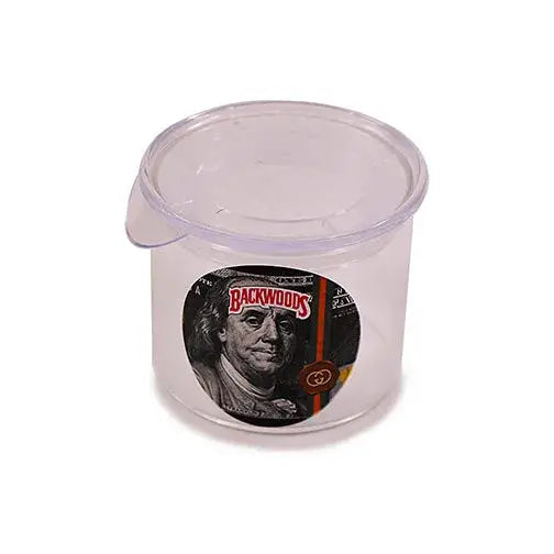 Detail shot of a clear plastic jar featuring a circular label with Benjamin Franklin's face, 'Backwoods' text, and a dollar bill design.