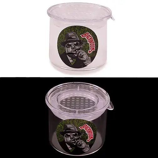 Two views of a clear, cylindrical glass jar with a 'Backwoods' character sticker, one on a white background and one on a black background.