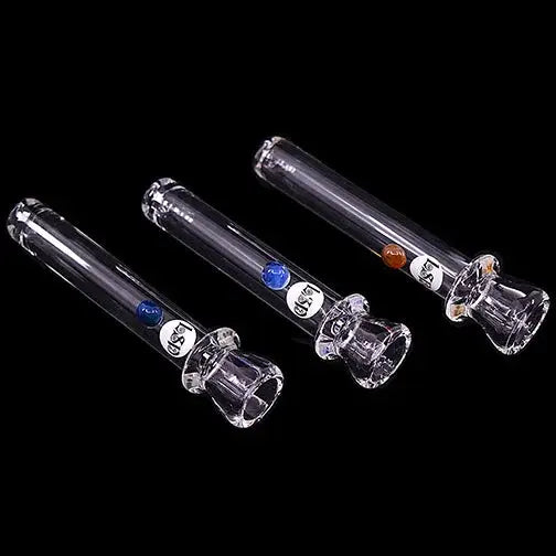 Three clear glass chillum bats are arranged diagonally on a black background, each featuring a small colored dot (two blue, one orange) and a white label with 'LSD' text.
